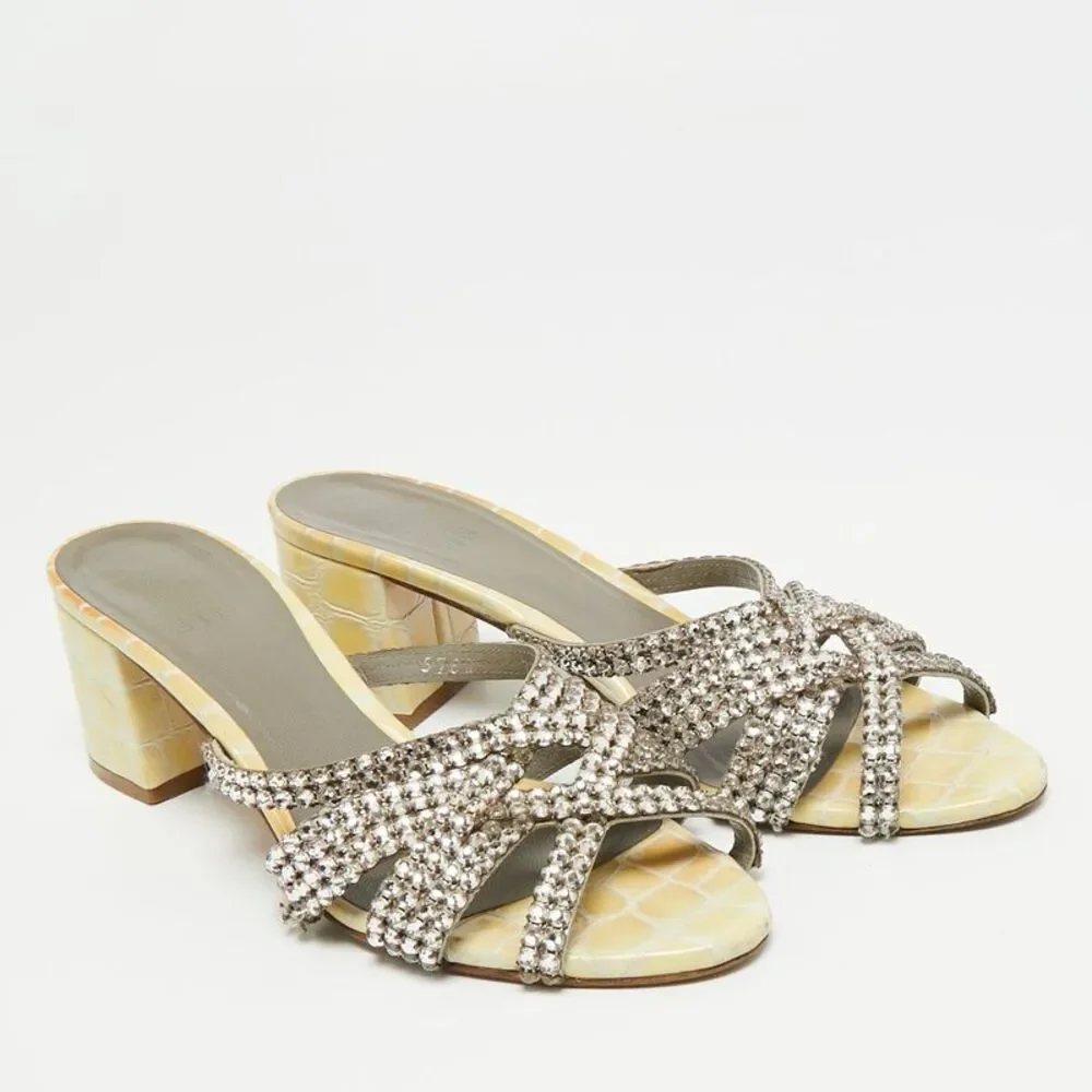 Gina Size 36.5 Cream/green Patent Leather Slide Sandals - Picture 4 of 7